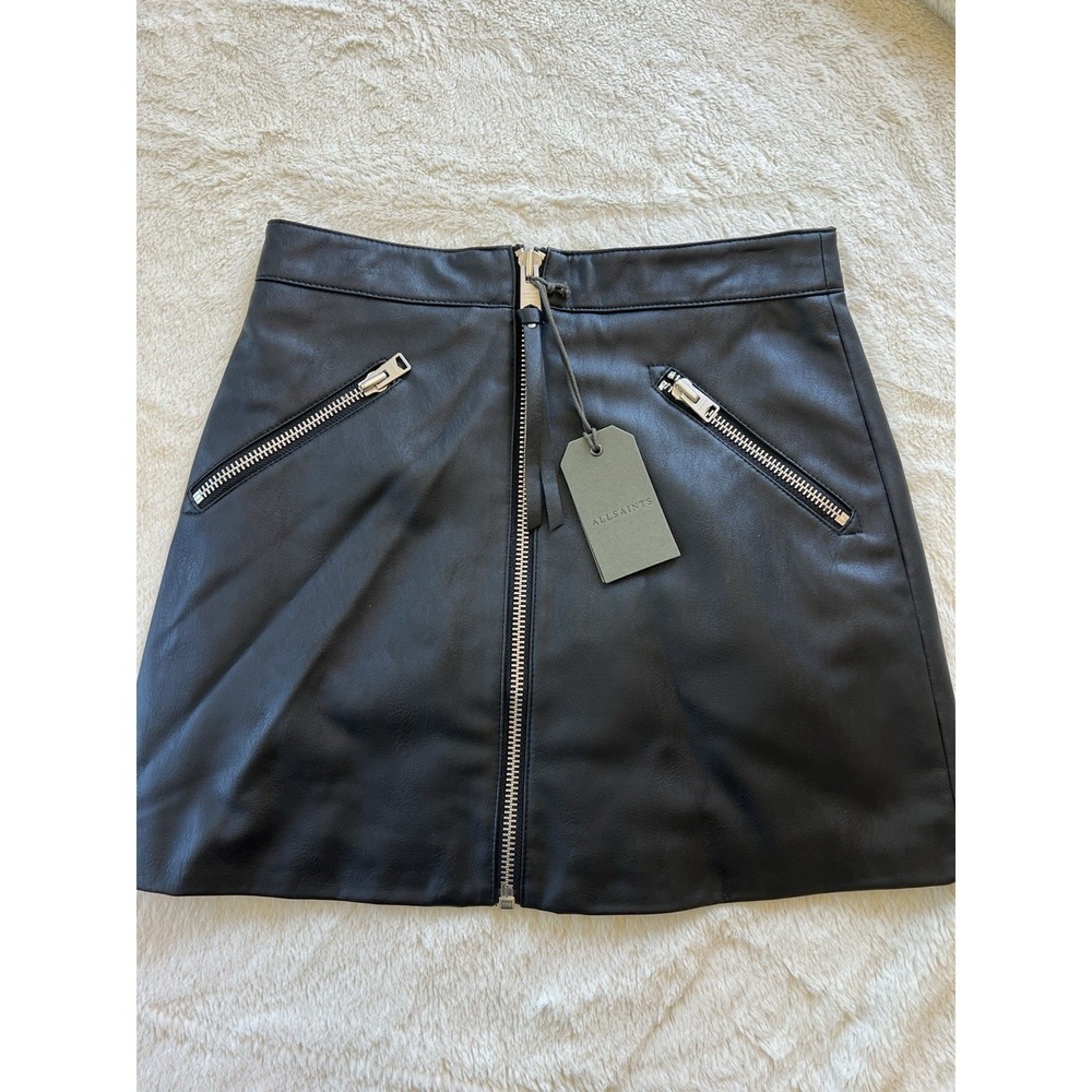 All Saints Piper Black Leather Zip-Front Mini Skirt size 4 NWT‎ Revolve - Picture 4 of 8